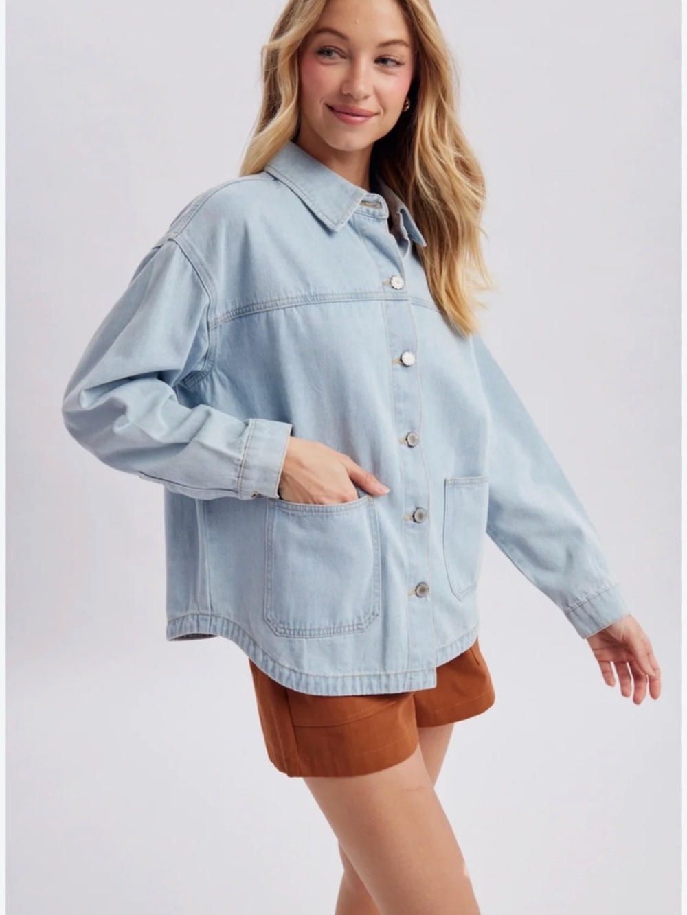 Main Strip Pale Blue Oversized Denim Shacket